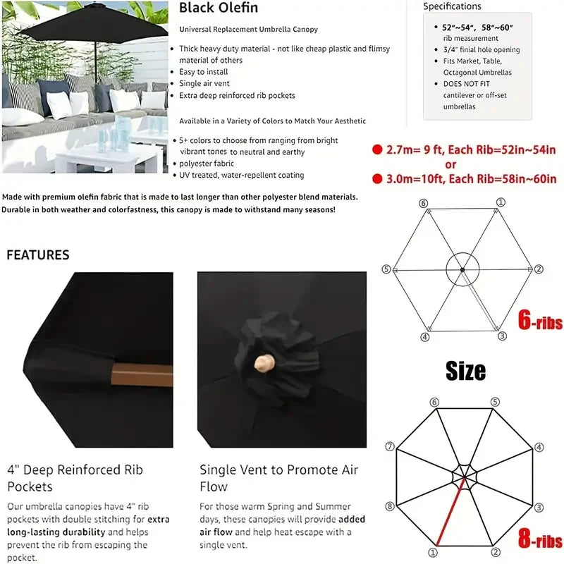Outdoor Patio Umbrella Replacement Canopy – UV & Water Resistant for Pool, Garden, or Backyard