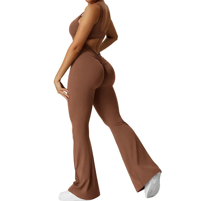 Women Gym Set Training Yoga Suit Sportswear Sports Jumpsuit Fitness Rompers Stretch Female High Waist Seamless Flare Pants