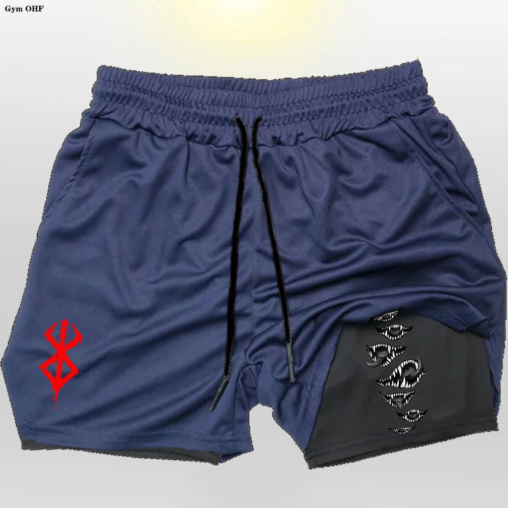 Anime Gym 2 in 1 Shorts For Men Sports Fitness Print Short Lining Phone Pocket Shorts Workout Running Mesh Sport Short Pants