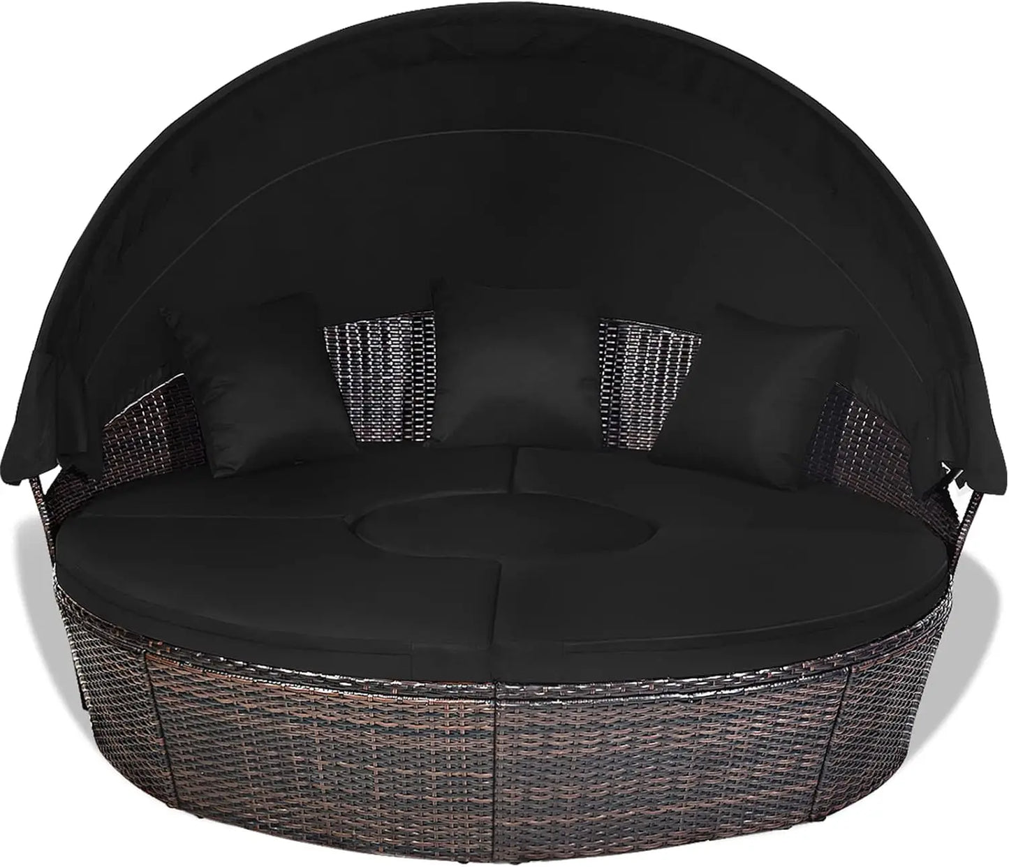 Round Outdoor Daybed with Retractable Canopy – Rattan Sectional Sofa Set w/Adjustable Table & Washable Cushions