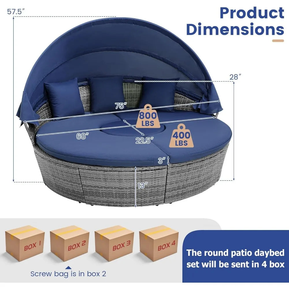 Round Outdoor Daybed with Retractable Canopy – Rattan Sectional Sofa Set w/Adjustable Table & Washable Cushions