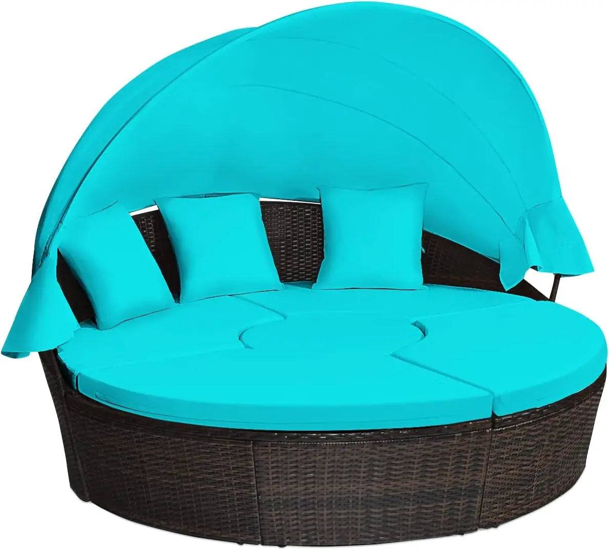 Round Outdoor Daybed with Retractable Canopy – Rattan Sectional Sofa Set w/Adjustable Table & Washable Cushions