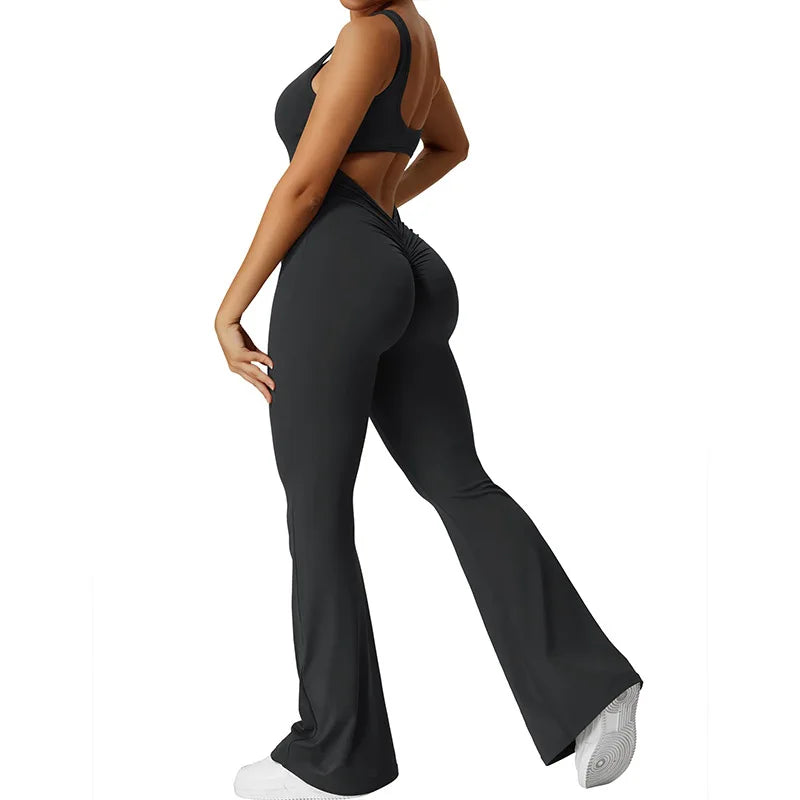 Women Gym Set Training Yoga Suit Sportswear Sports Jumpsuit Fitness Rompers Stretch Female High Waist Seamless Flare Pants