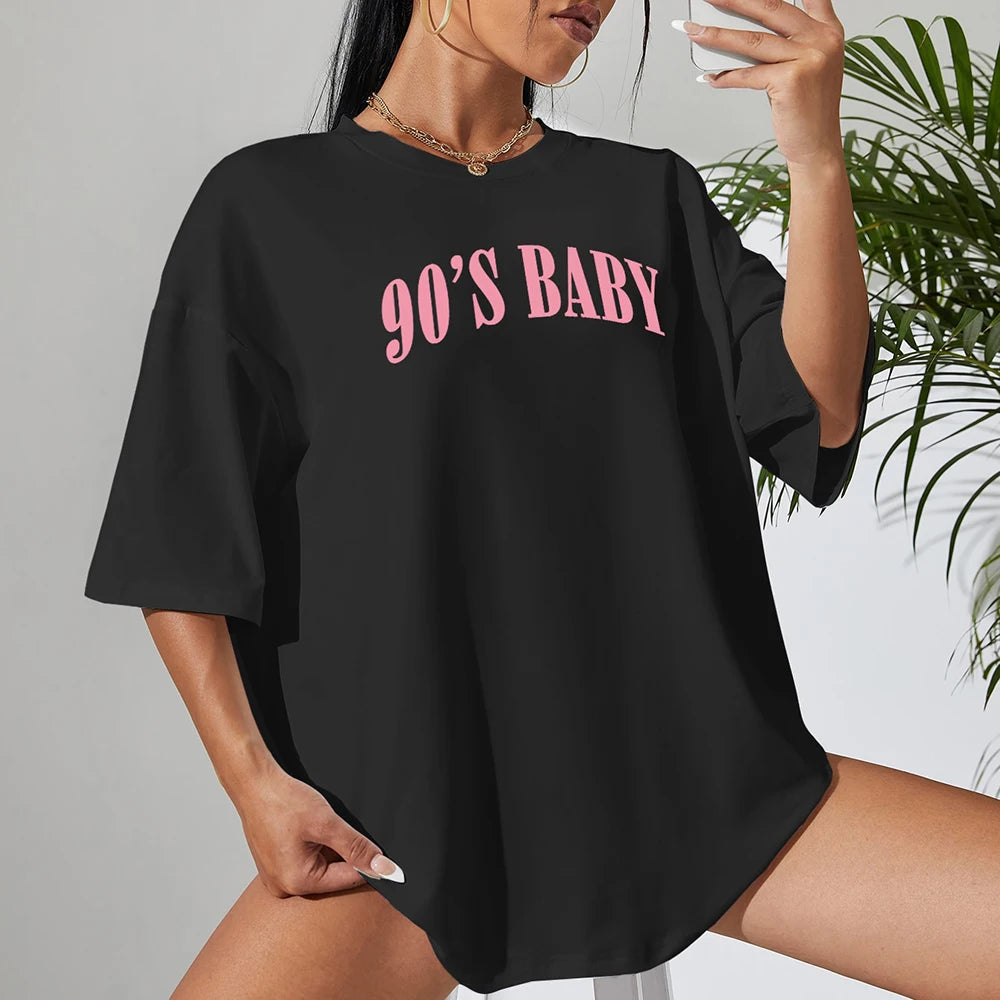 90's Baby Creativity Letter Cotton T-Shirts For Women Funny Oversize Tops Street Hip Hop Clothing All-math Female Short Sleeve