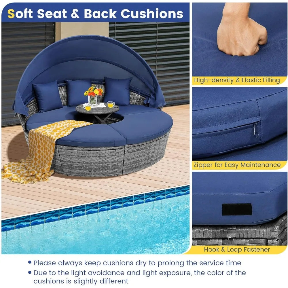 Round Outdoor Daybed with Retractable Canopy – Rattan Sectional Sofa Set w/Adjustable Table & Washable Cushions
