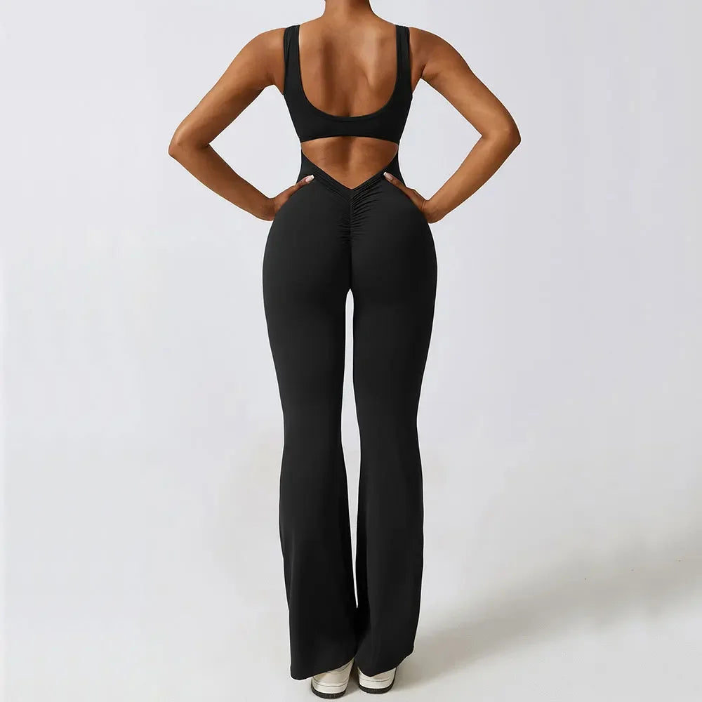 Women Gym Set Training Yoga Suit Sportswear Sports Jumpsuit Fitness Rompers Stretch Female High Waist Seamless Flare Pants