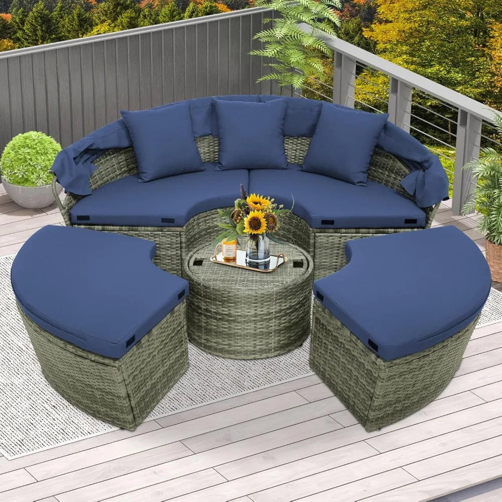 Round Outdoor Daybed with Retractable Canopy – Rattan Sectional Sofa Set w/Adjustable Table & Washable Cushions