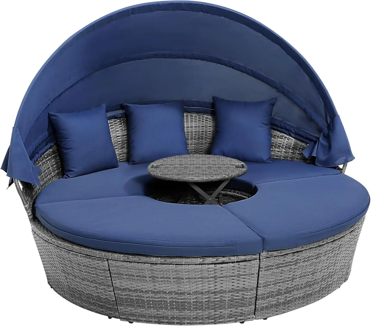 Round Outdoor Daybed with Retractable Canopy – Rattan Sectional Sofa Set w/Adjustable Table & Washable Cushions