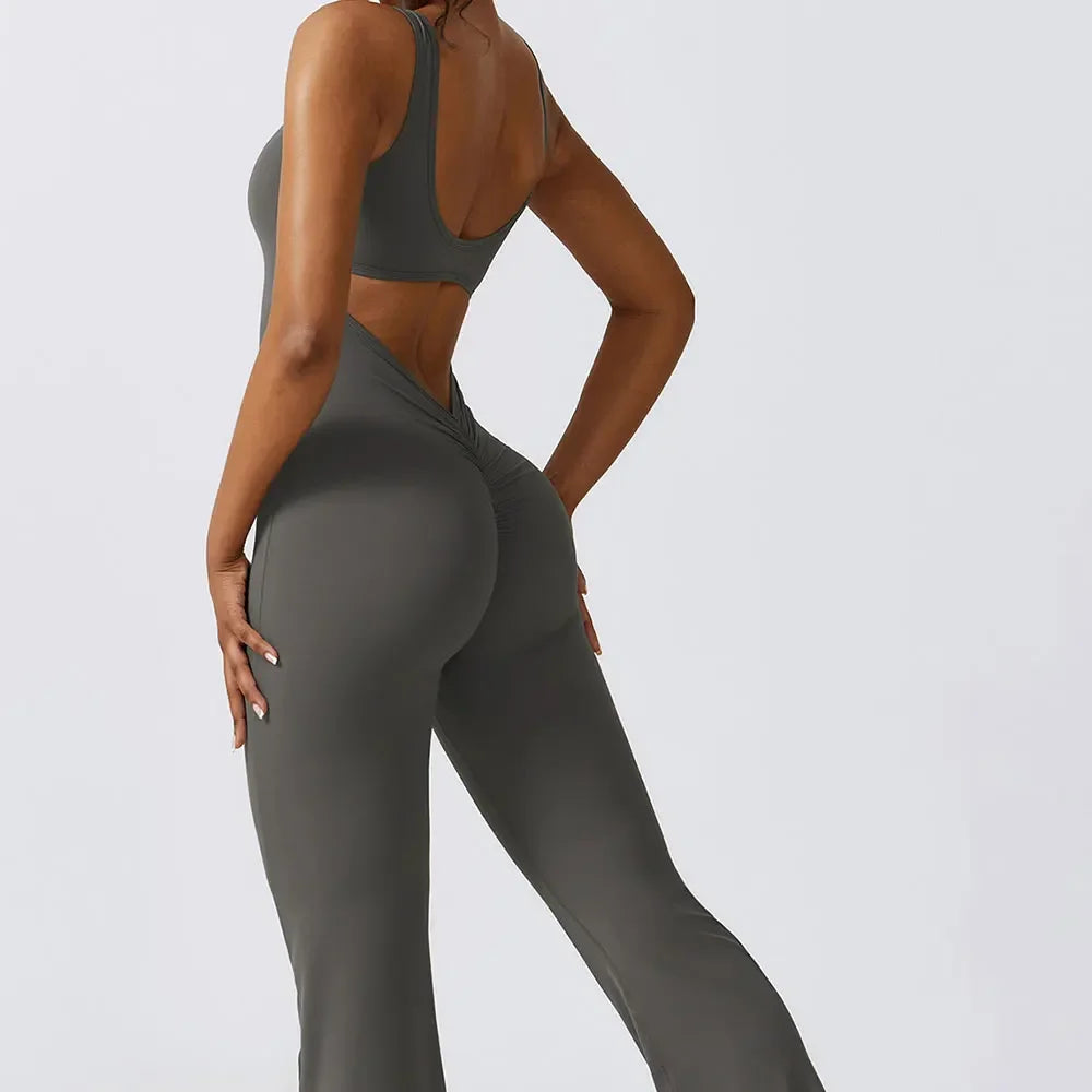 Women Gym Set Training Yoga Suit Sportswear Sports Jumpsuit Fitness Rompers Stretch Female High Waist Seamless Flare Pants