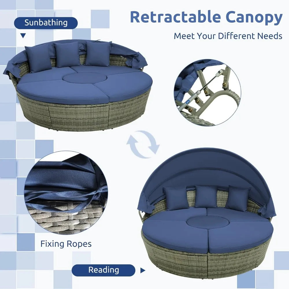 Round Outdoor Daybed with Retractable Canopy – Rattan Sectional Sofa Set w/Adjustable Table & Washable Cushions