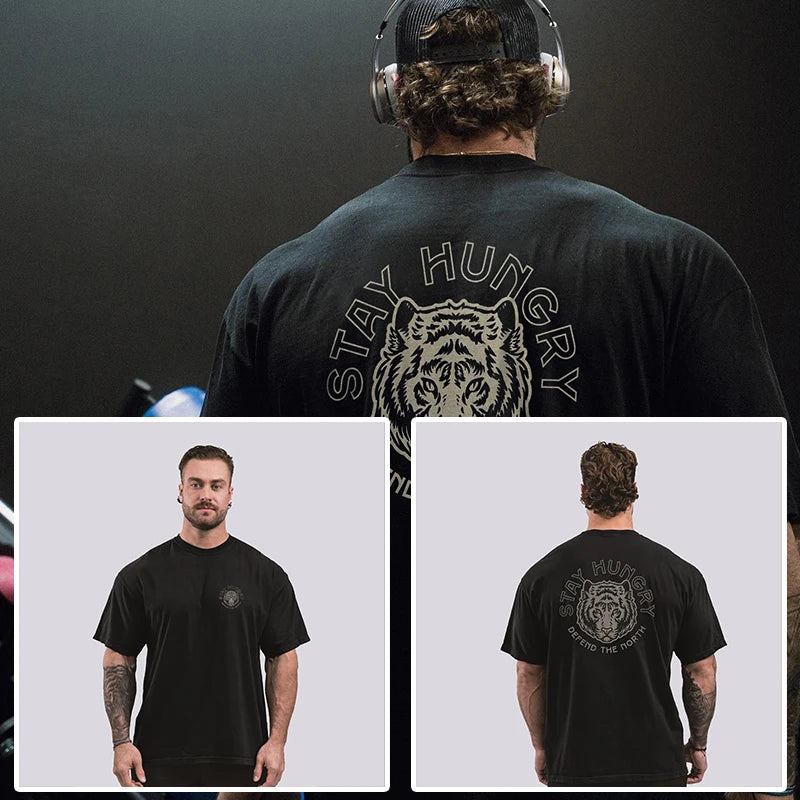 New Gym Fitness T-shirt Loose Oversized Cotton Men Short Sleeves Bodybuilding Sports Tees Summer Training Workout Jogging Tops