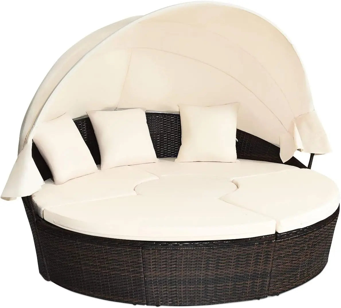 Round Outdoor Daybed with Retractable Canopy – Rattan Sectional Sofa Set w/Adjustable Table & Washable Cushions