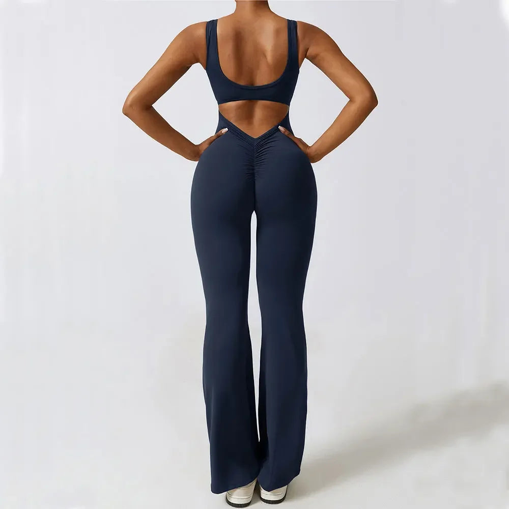 Women Gym Set Training Yoga Suit Sportswear Sports Jumpsuit Fitness Rompers Stretch Female High Waist Seamless Flare Pants
