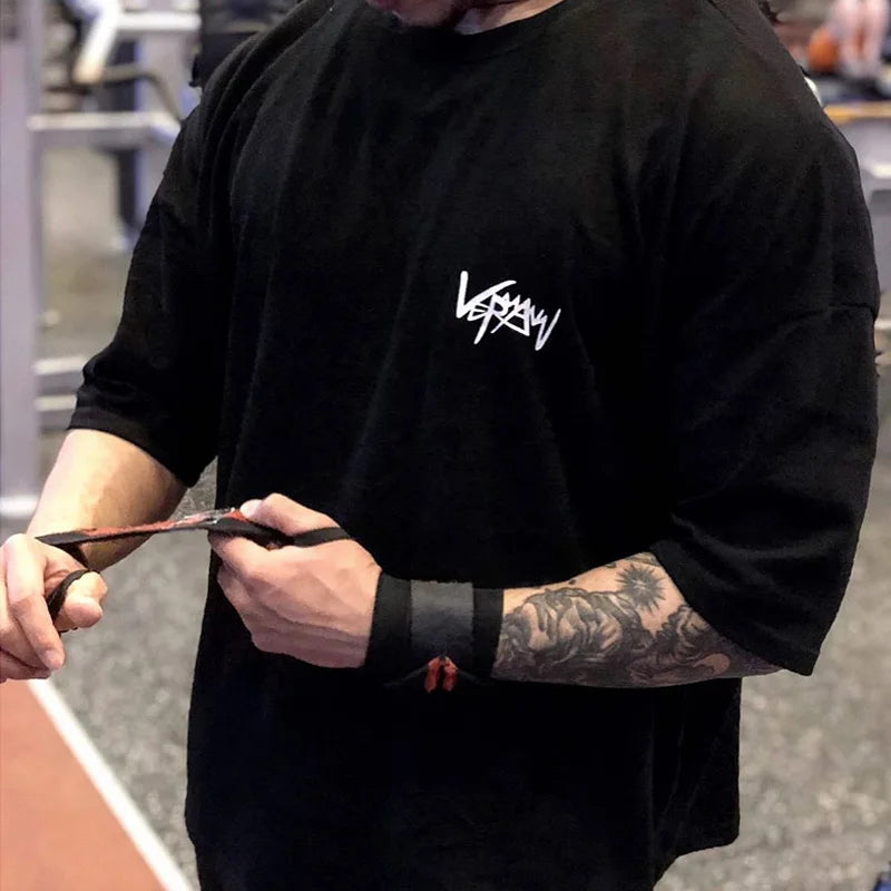 New Men's T Shirt Gym Bodybuilding Clothing Short Sleeve Men Fashion Casual For Male Tops Fitness Oversized Sweatshirt