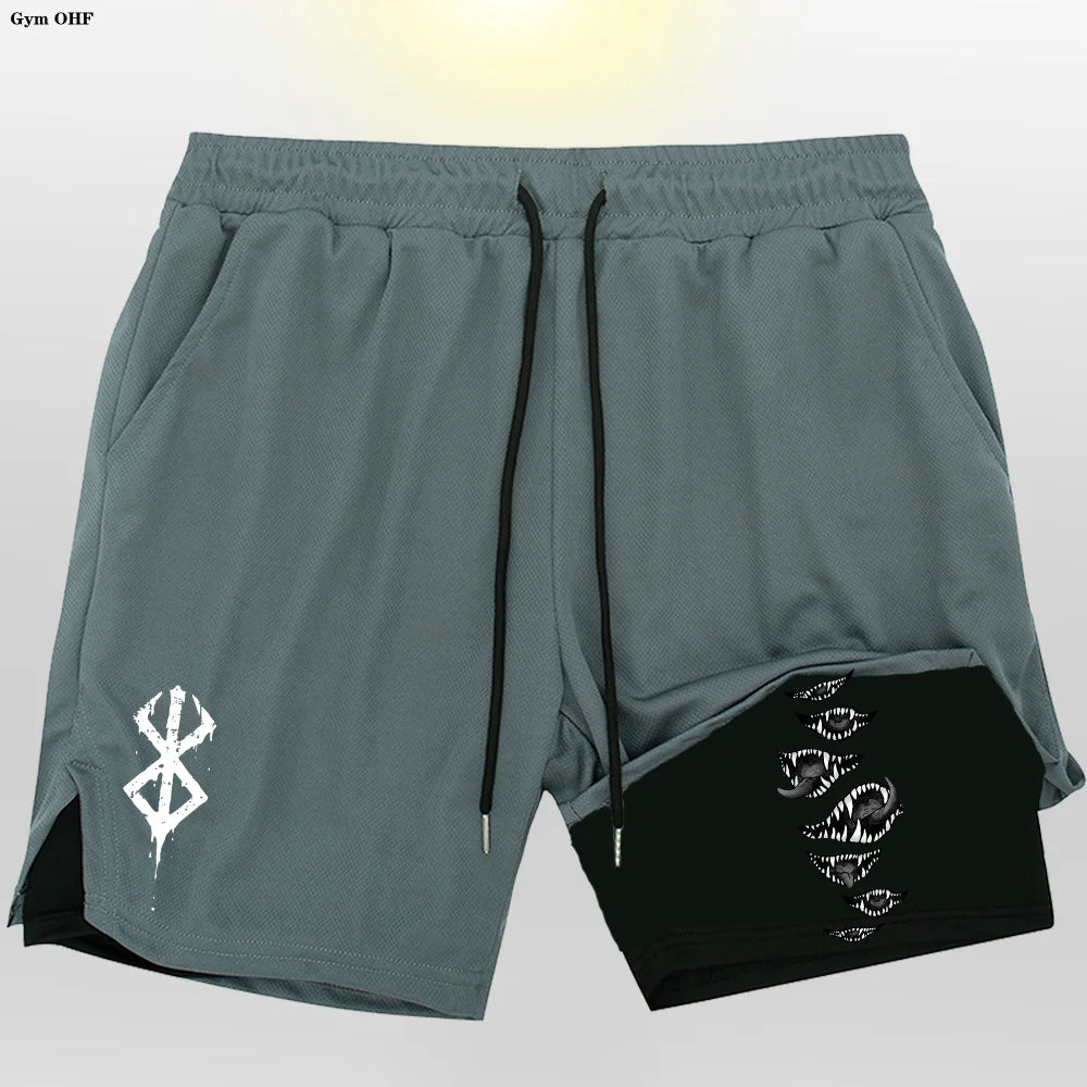 Anime Gym 2 in 1 Shorts For Men Sports Fitness Print Short Lining Phone Pocket Shorts Workout Running Mesh Sport Short Pants