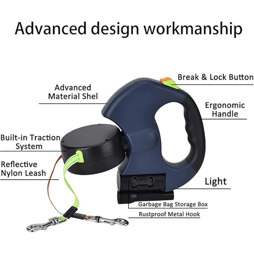 3M LED Dual-Head Retractable Pet Leash – Reflective, Tangle-Free, One-Click Locking for Dogs & Cats