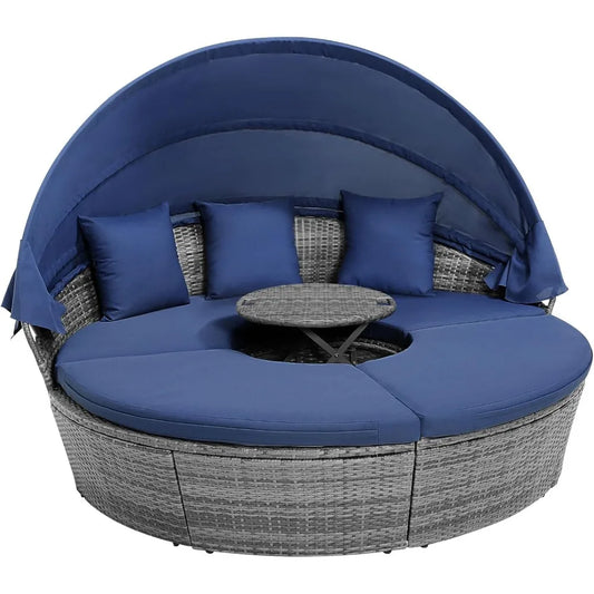 Round Outdoor Daybed with Retractable Canopy – Rattan Sectional Sofa Set w/Adjustable Table & Washable Cushions