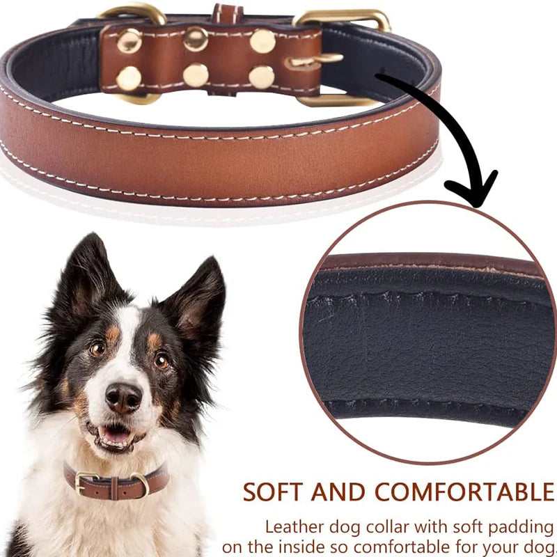 Premium Genuine Leather Dog Collar – Soft Padded & Durable (Brown & Red, All Sizes)