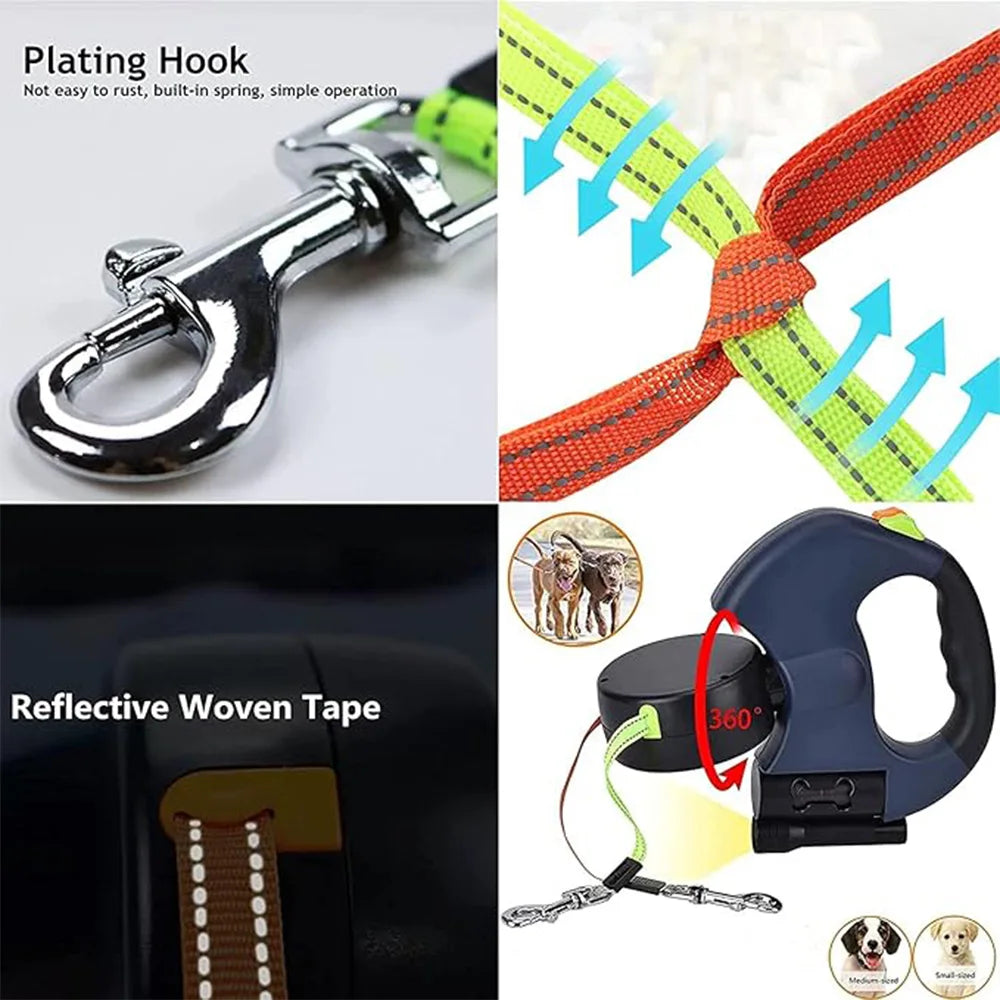 3M LED Dual-Head Retractable Pet Leash – Reflective, Tangle-Free, One-Click Locking for Dogs & Cats