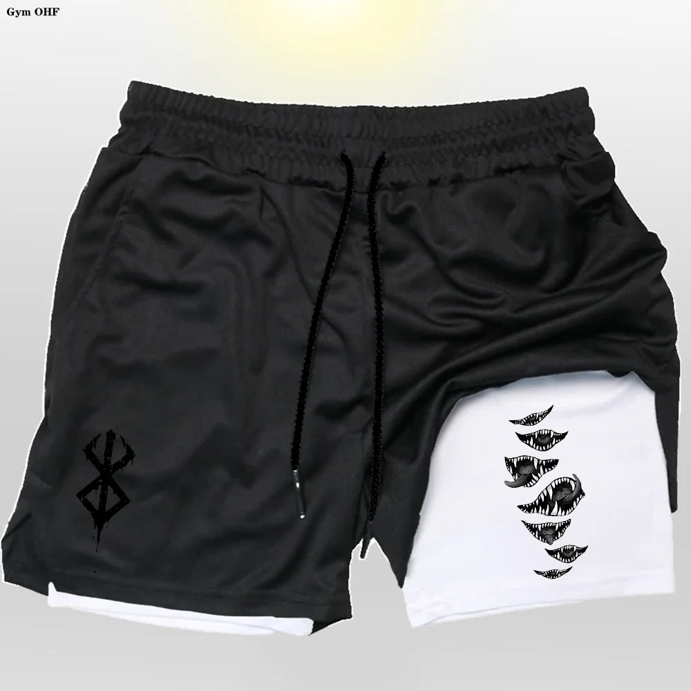 Anime Gym 2 in 1 Shorts For Men Sports Fitness Print Short Lining Phone Pocket Shorts Workout Running Mesh Sport Short Pants