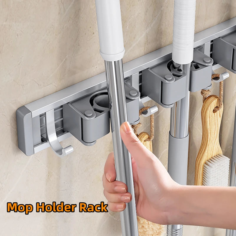 Wall-Mounted Mop & Broom Holder – Aluminum Organizer Rack with Hooks & Buckles