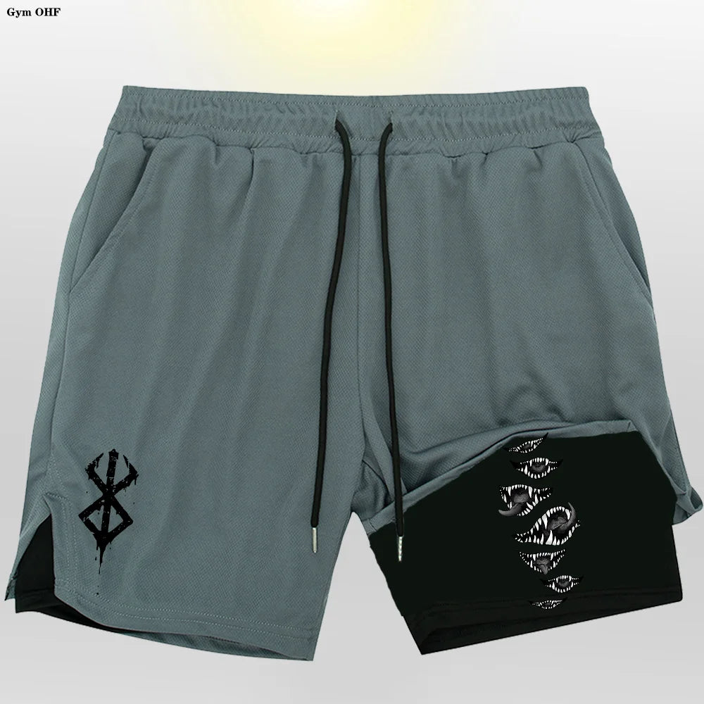 Anime Gym 2 in 1 Shorts For Men Sports Fitness Print Short Lining Phone Pocket Shorts Workout Running Mesh Sport Short Pants