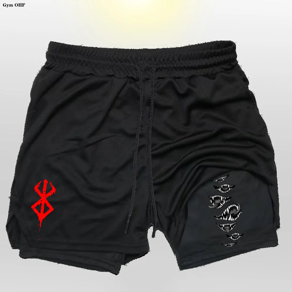 Anime Gym 2 in 1 Shorts For Men Sports Fitness Print Short Lining Phone Pocket Shorts Workout Running Mesh Sport Short Pants