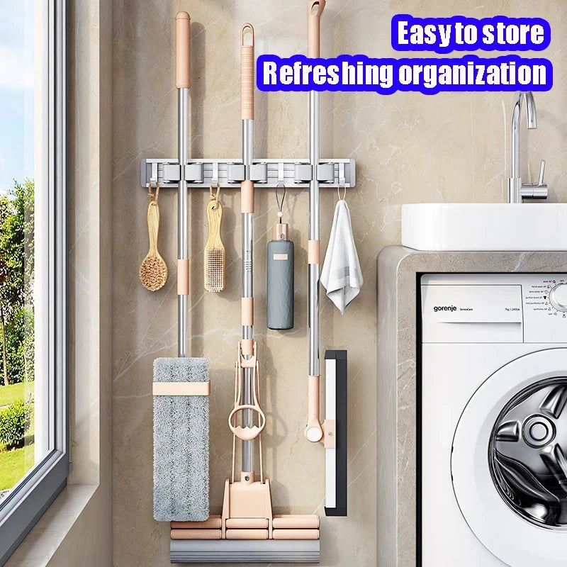 Wall-Mounted Mop & Broom Holder – Aluminum Organizer Rack with Hooks & Buckles