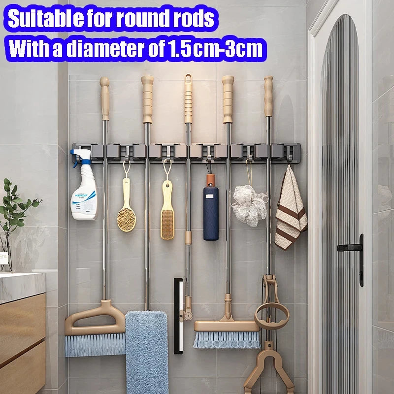 Wall-Mounted Mop & Broom Holder – Aluminum Organizer Rack with Hooks & Buckles