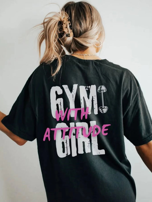 Men Women'S Gym with Attitude Graphic Tee Black Casual Knit T-Shirt with Pink White Letter Print Short Sleeve Round Neck