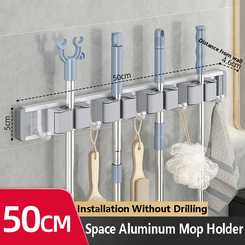 Wall-Mounted Mop & Broom Holder – Aluminum Organizer Rack with Hooks & Buckles
