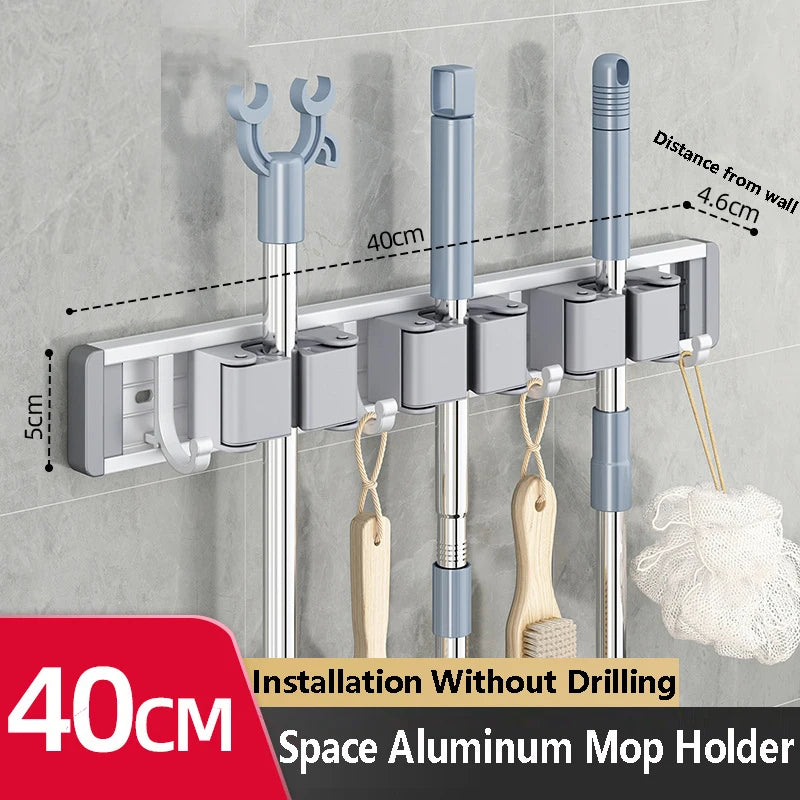 Wall-Mounted Mop & Broom Holder – Aluminum Organizer Rack with Hooks & Buckles