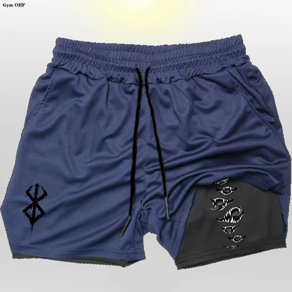 Anime Gym 2 in 1 Shorts For Men Sports Fitness Print Short Lining Phone Pocket Shorts Workout Running Mesh Sport Short Pants