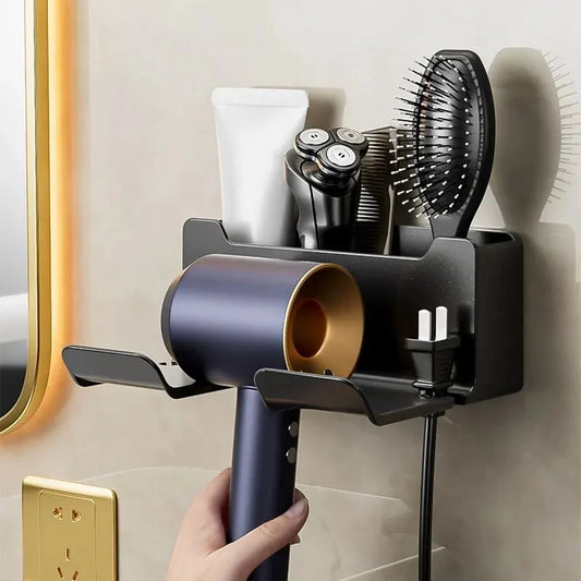 Wall-Mounted Hair Dryer Holder – No-Drill Bathroom Organizer with Plug Storage & Anti-Slip Silicone Pad