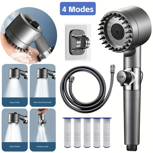 High-Pressure Shower Head – 4 Spray Modes with One-Button Water Stop & Built-In Filter