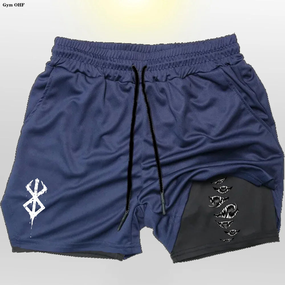 Anime Gym 2 in 1 Shorts For Men Sports Fitness Print Short Lining Phone Pocket Shorts Workout Running Mesh Sport Short Pants