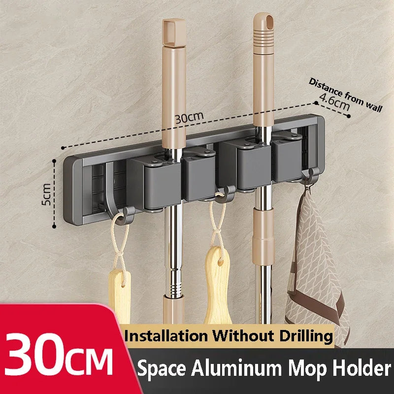 Wall-Mounted Mop & Broom Holder – Aluminum Organizer Rack with Hooks & Buckles