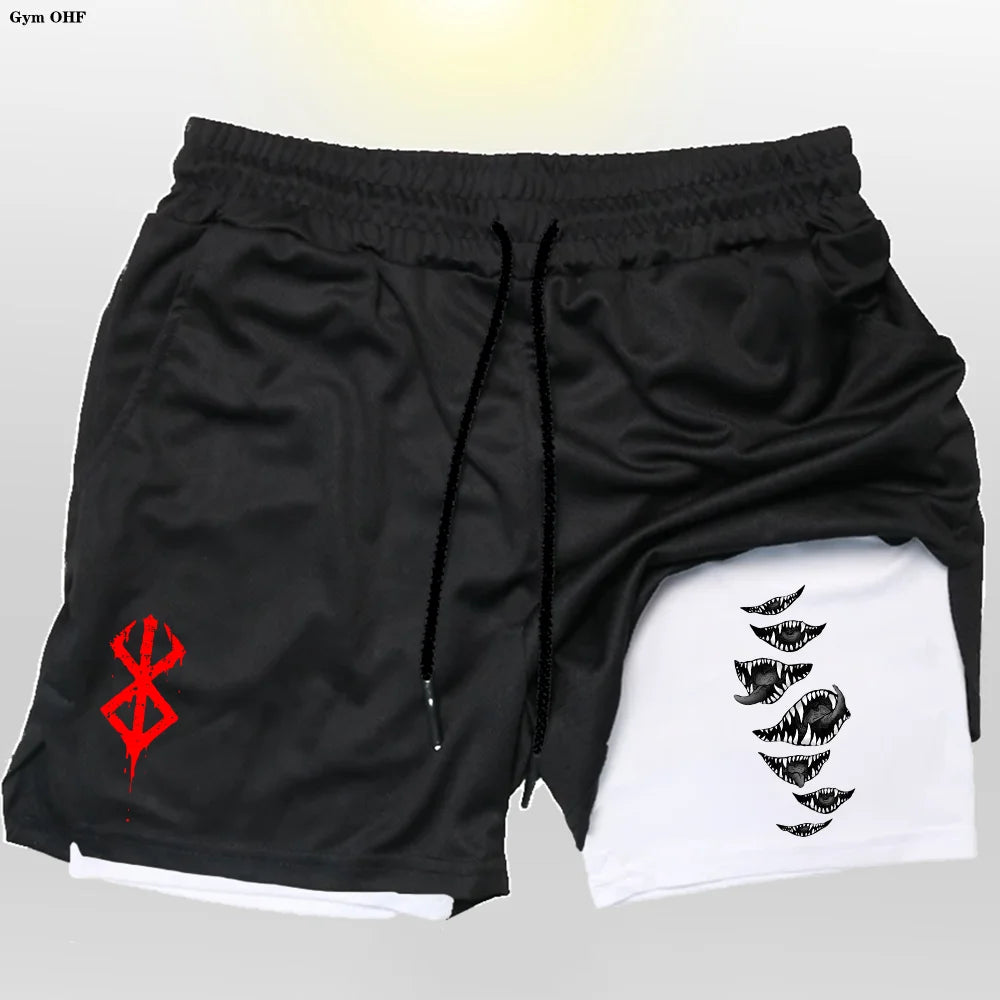 Anime Gym 2 in 1 Shorts For Men Sports Fitness Print Short Lining Phone Pocket Shorts Workout Running Mesh Sport Short Pants
