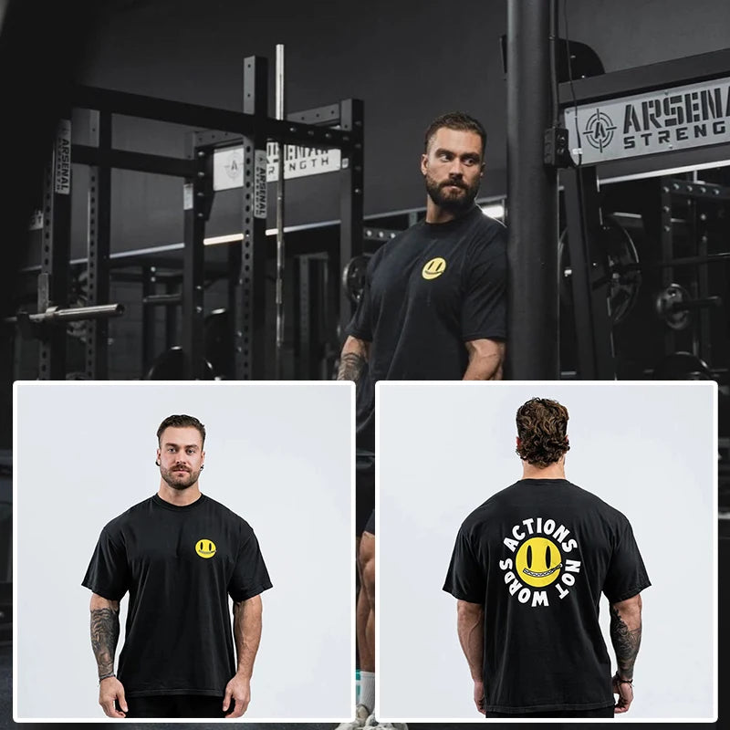 New Gym Fitness T-shirt Loose Oversized Cotton Men Short Sleeves Bodybuilding Sports Tees Summer Training Workout Jogging Tops