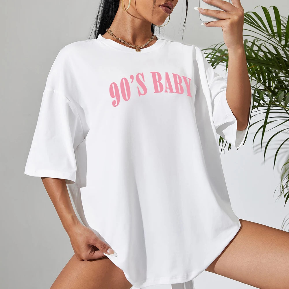 90's Baby Creativity Letter Cotton T-Shirts For Women Funny Oversize Tops Street Hip Hop Clothing All-math Female Short Sleeve