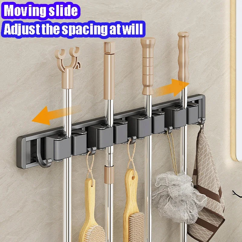 Wall-Mounted Mop & Broom Holder – Aluminum Organizer Rack with Hooks & Buckles