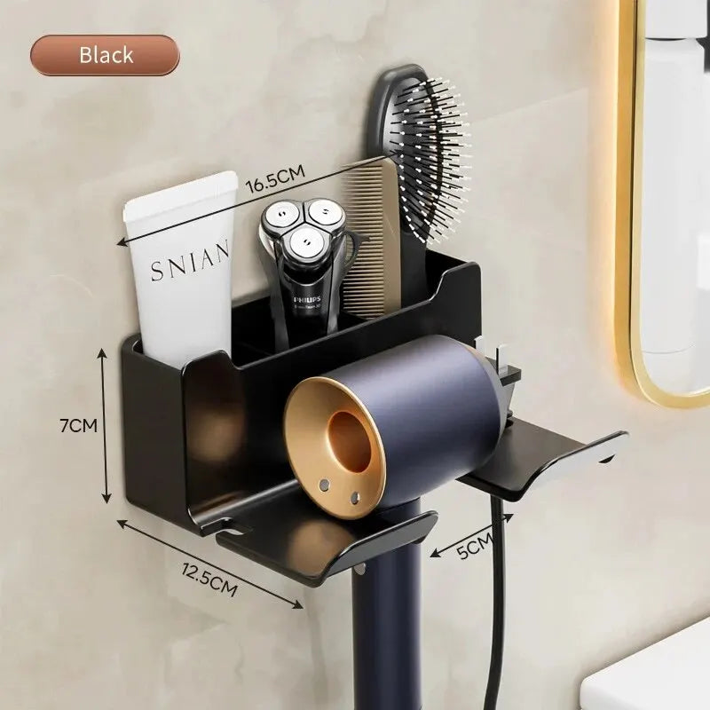 Wall-Mounted Hair Dryer Holder – No-Drill Bathroom Organizer with Plug Storage & Anti-Slip Silicone Pad