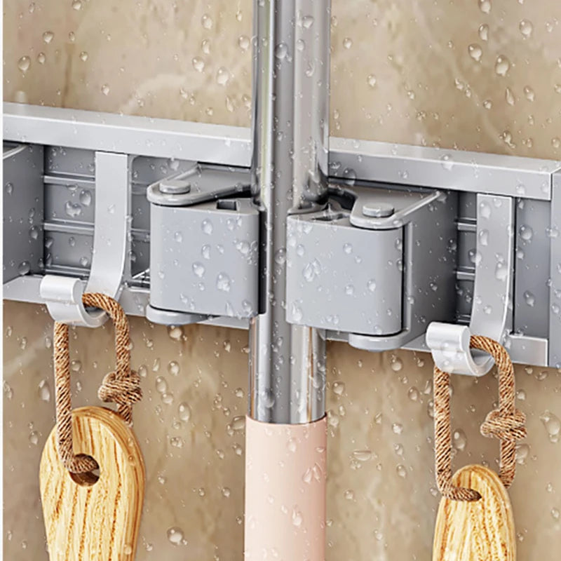 Wall-Mounted Mop & Broom Holder – Aluminum Organizer Rack with Hooks & Buckles