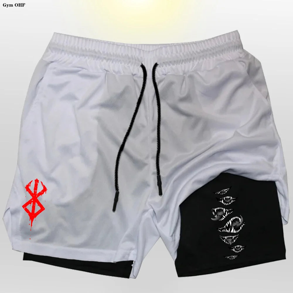 Anime Gym 2 in 1 Shorts For Men Sports Fitness Print Short Lining Phone Pocket Shorts Workout Running Mesh Sport Short Pants