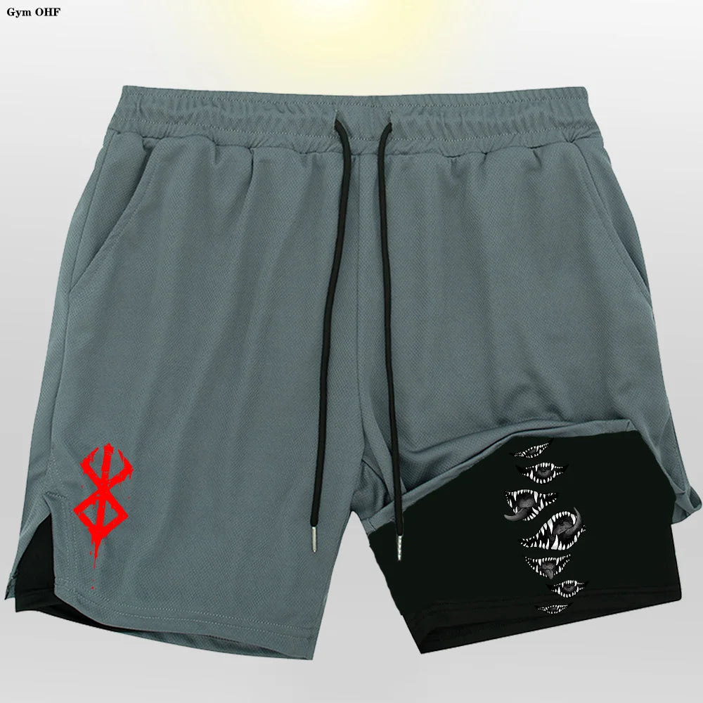 Anime Gym 2 in 1 Shorts For Men Sports Fitness Print Short Lining Phone Pocket Shorts Workout Running Mesh Sport Short Pants