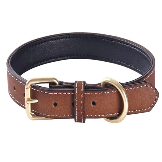 Premium Genuine Leather Dog Collar – Soft Padded & Durable (Brown & Red, All Sizes)