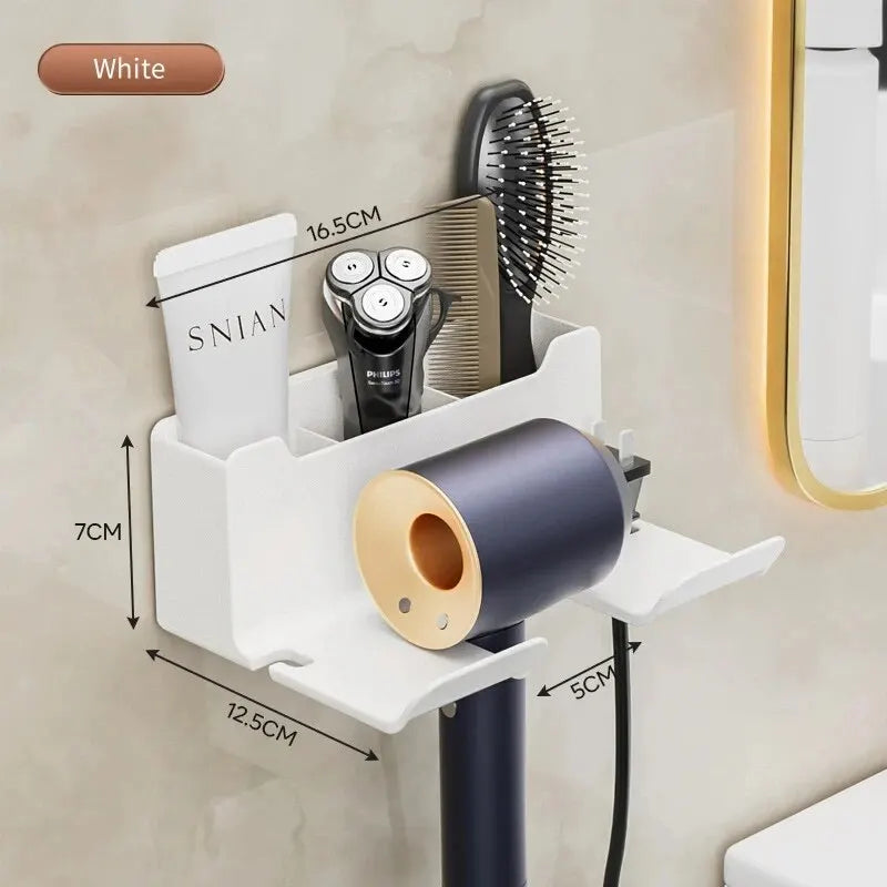 Wall-Mounted Hair Dryer Holder – No-Drill Bathroom Organizer with Plug Storage & Anti-Slip Silicone Pad
