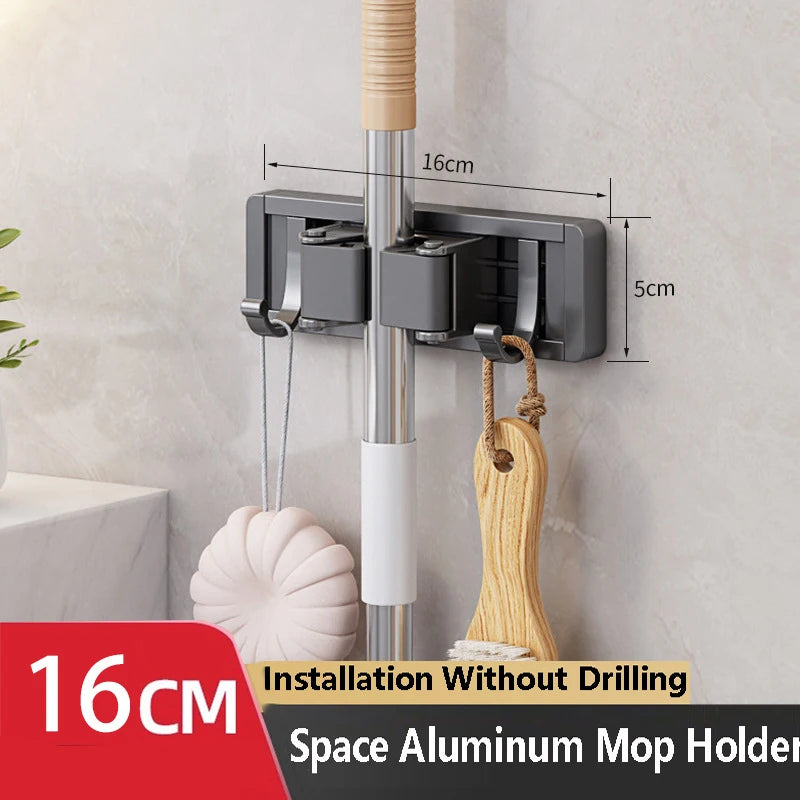 Wall-Mounted Mop & Broom Holder – Aluminum Organizer Rack with Hooks & Buckles