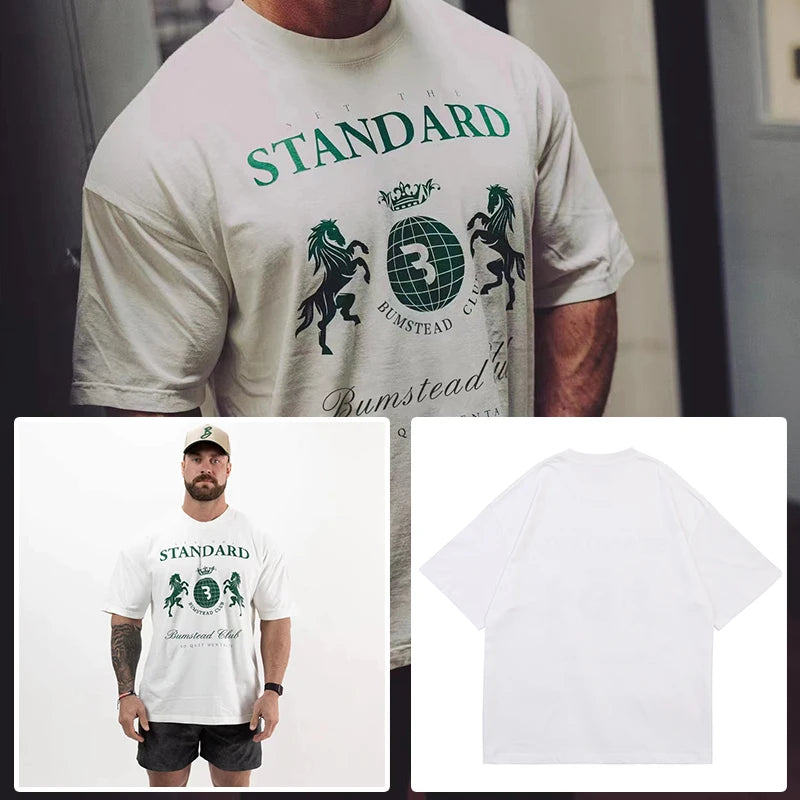 New Gym Fitness T-shirt Loose Oversized Cotton Men Short Sleeves Bodybuilding Sports Tees Summer Training Workout Jogging Tops