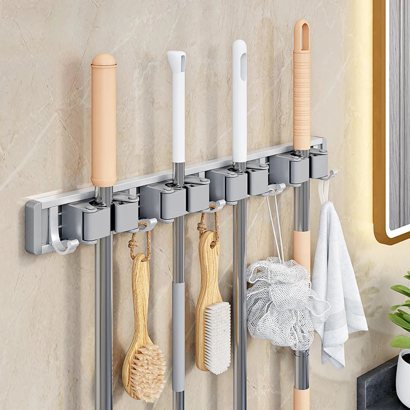 Wall-Mounted Mop & Broom Holder – Aluminum Organizer Rack with Hooks & Buckles